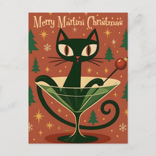 Mid Century Black Cat Merry Martini Christmas Postkarte (Vorderseite)