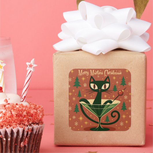 Mid Century Black Cat Merry Martini Christmas Quadratischer Aufkleber (Party)