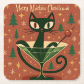 Mid Century Black Cat Merry Martini Christmas Rechteckiger Pappuntersetzer (Vorderseite)