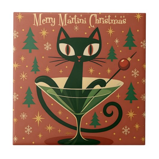 Mid Century Black Cat Merry Martini Weihnachten Fliese (Vorderseite)