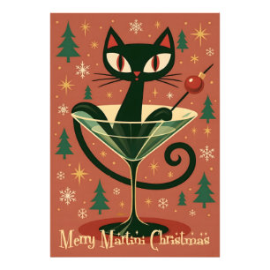 Mid Century Black Cat Merry Martini Weihnachten Fotodruck