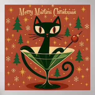 Mid Century Black Cat Merry Martini Weihnachten Poster