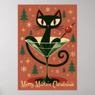 Mid Century Black Cat Merry Martini Weihnachten Poster