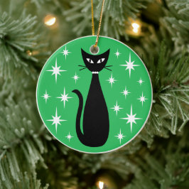 Mid Century Black Cat with White Stars on Green Keramik Ornament