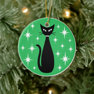 Mid Century Black Cat with White Stars on Green Keramik Ornament