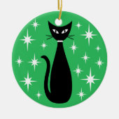 Mid Century Black Cat with White Stars on Green Keramik Ornament (Vorne)
