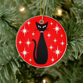 Mid Century Black Cat with White Stars on Red Keramik Ornament