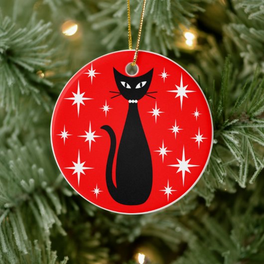 Mid Century Black Cat with White Stars on Red Keramik Ornament (Baum)
