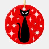 Mid Century Black Cat with White Stars on Red Keramik Ornament (Vorne)