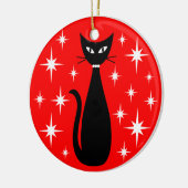 Mid Century Black Cat with White Stars on Red Keramik Ornament (Links)