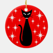 Mid Century Black Cat with White Stars on Red Keramik Ornament (Hinten)