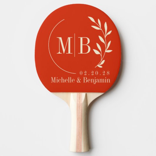 Mid-Century Blood Orange Leaf Wedding Monogram Tischtennis Schläger (Vorderseite)