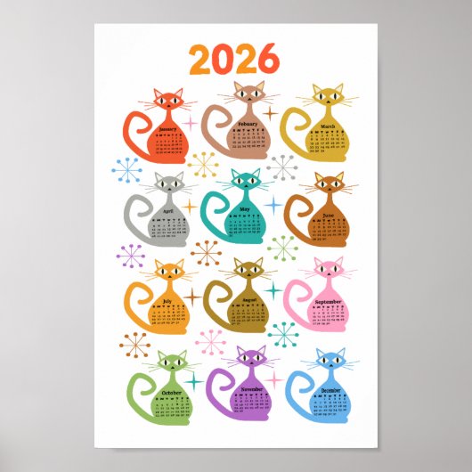 Mid Century Bunte Atomkatzen 2026 Kalender  Poster (Vorne)