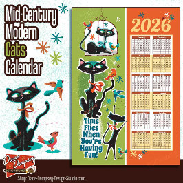 Mid-Century Cats Calendar Kitchen Towel Green/Rust Geschirrtuch