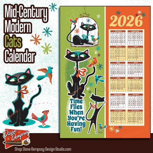 Mid-Century Cats Calendar Kitchen Towel Green/Rust Geschirrtuch