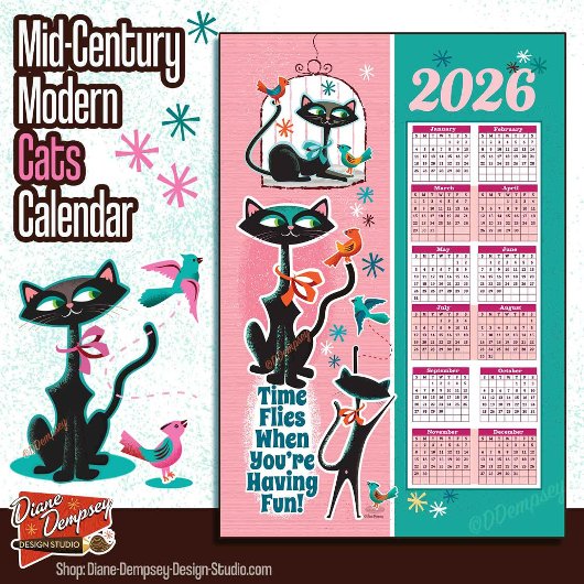 Mid-Century Cats Calendar Kitchen Towel Pink + Aqu Geschirrtuch