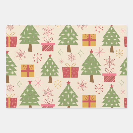 Mid Century Christmas Atomic Trees with Snowflakes Geschenkpapier Set (Vorderseite)