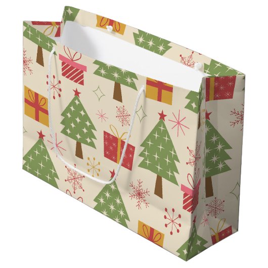 Mid Century Christmas Atomic Trees with Snowflakes Große Geschenktüte (Vorderseite Schrägansicht)