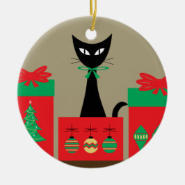 Mid Century Christmas Cat in Box Keramik Ornament