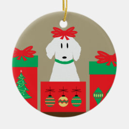 Mid Century Christmas Dog in Box Keramik Ornament