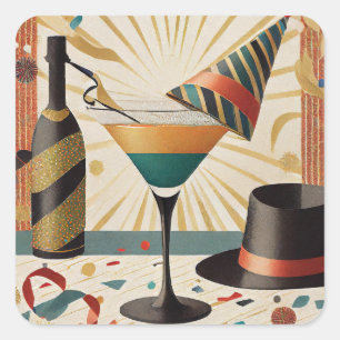Mid-Century Cocktail-Stunde - Silvester Quadratischer Aufkleber