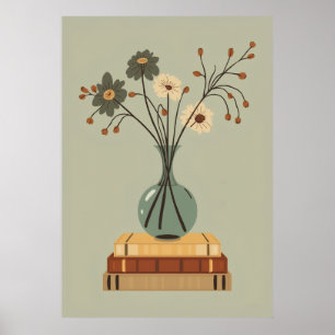 Mid Century Daisy Vase Vintage Bücher Stilleben Poster