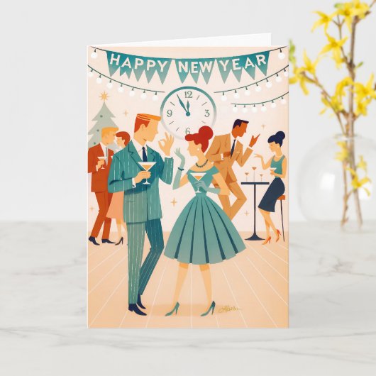 Mid Century Happy New Year The Martini Dance Karte (Gelbe Blume)
