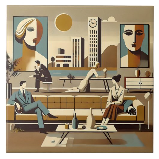 Mid-Century-Interieur-Design-Kunst-Lounge Fliese (Vorderseite)