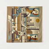 Mid-Century-Interieur-Design-Kunst-Lounge Wandteppich (Vorderseite (Horizontal))