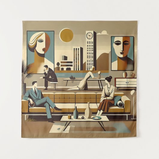 Mid-Century-Interieur-Design-Kunst-Lounge Wandteppich (Vorderseite)