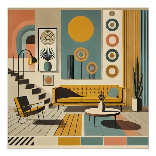 Mid-Century-Interieurdesign Wüstenwohnzimmer Poster (Vorderseite)