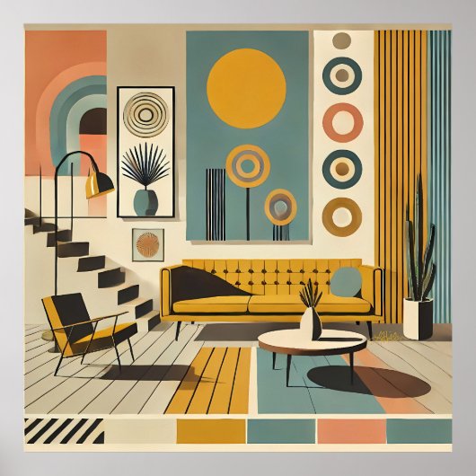 Mid-Century-Interieurdesign Wüstenwohnzimmer Poster (Vorne)