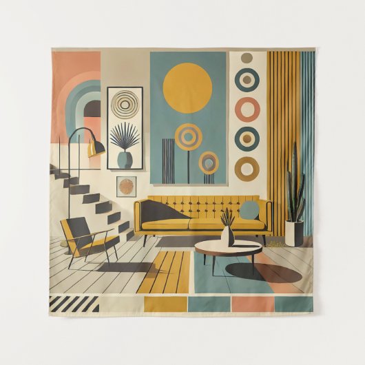 Mid-Century-Interieurdesign Wüstenwohnzimmer Wandteppich (Vorderseite)
