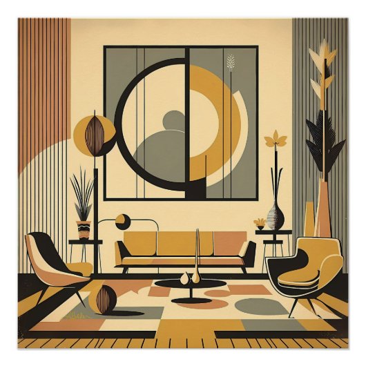 Mid Century Interior Design Autumn Hues Livingroom Poster (Vorderseite)