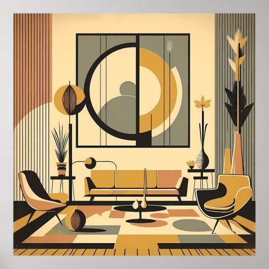 Mid Century Interior Design Autumn Hues Livingroom Poster (Vorne)