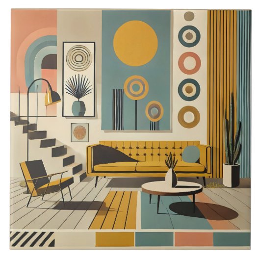 Mid Century Interior Design Dessert Livingroom Fliese (Vorderseite)