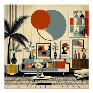 Mid-Century-Interior-Design verdunkelt Wohnzimmer Poster