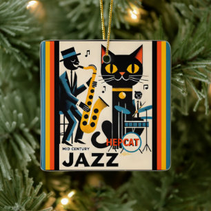 Mid Century Jazz Age HepCat Schwarze Katze Keramikornament