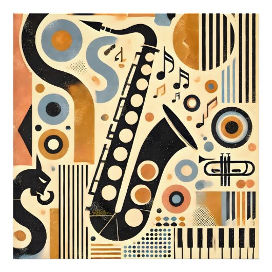 Mid Century Jazz Age Minimalist Art Saxophone Fotodruck (Vorne)