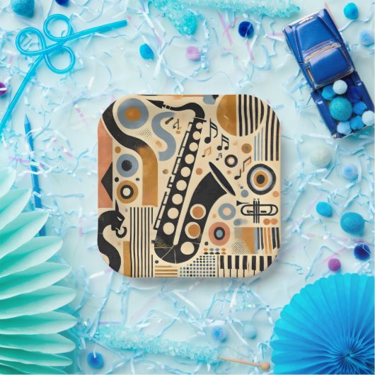 Mid Century Jazz Age Minimalistisch Art Saxophon Pappteller (Party)