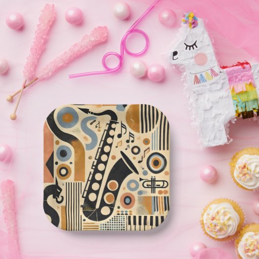 Mid Century Jazz Age Minimalistisch Art Saxophon Pappteller (Party)