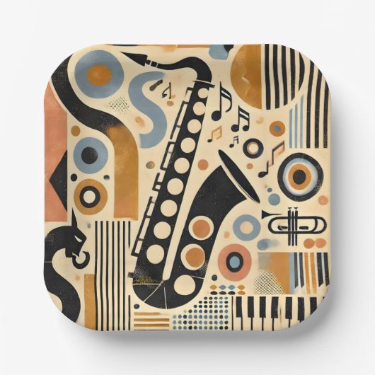 Mid Century Jazz Age Minimalistisch Art Saxophon Pappteller (Vorderseite)