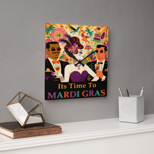 Mid Century Mardi Gras Cocktail Party Quadratische Wanduhr (Büro)