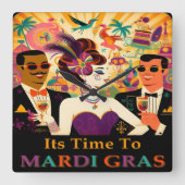 Mid Century Mardi Gras Cocktail Party Quadratische Wanduhr (Vorderseite)