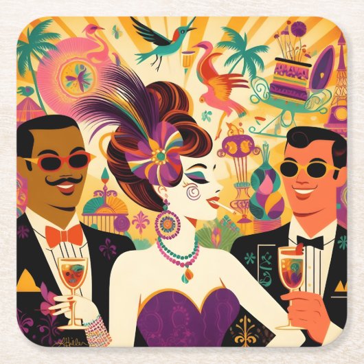 Mid Century Mardi Gras Cocktail Party Rechteckiger Pappuntersetzer (Vorderseite)