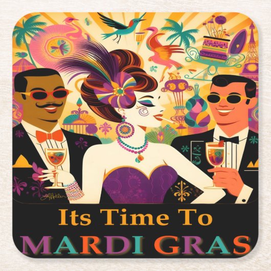Mid Century Mardi Gras Cocktail Party Rechteckiger Pappuntersetzer (Vorderseite)