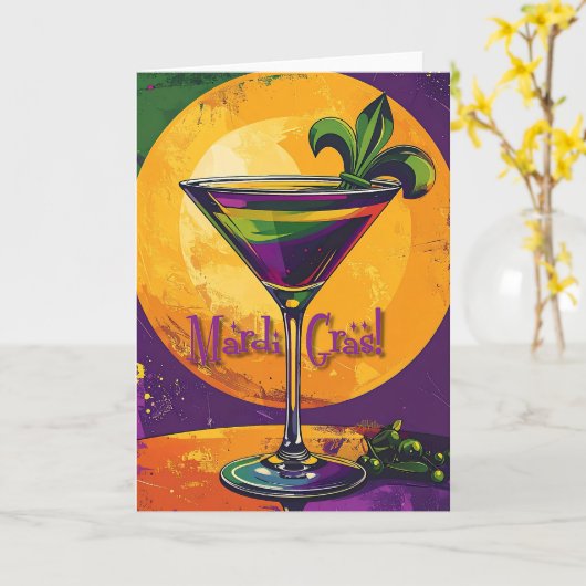 Mid Century Mardi Gras Sunset Fleur De Lis Martini Karte (Gelbe Blume)