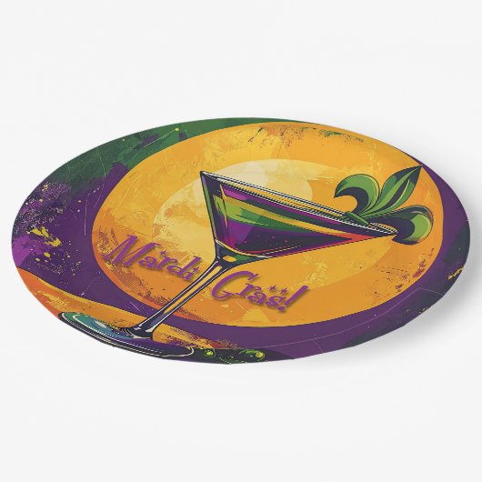 Mid Century Mardi Gras Sunset Fleur De Lis Martini Pappteller (Schrägansicht)