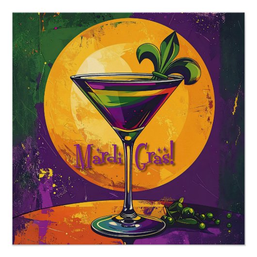 Mid Century Mardi Gras Sunset Fleur De Lis Martini Poster (Vorderseite)