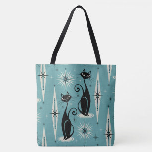 Mid Century Meow Retro Atomare Katzen auf Blau Tasche